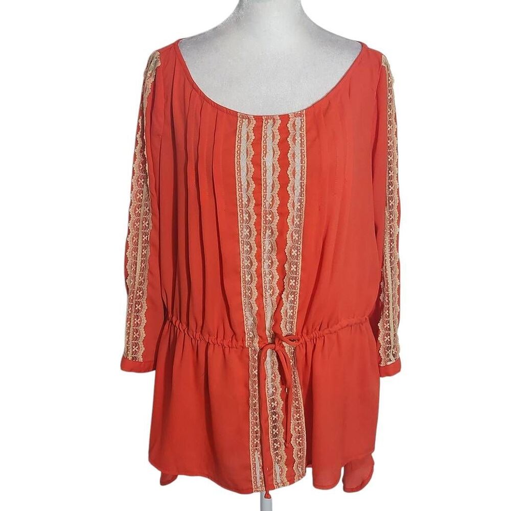 Gibson Latimer Red-Orange Pleated Blouse with Cream Lace Size Medium